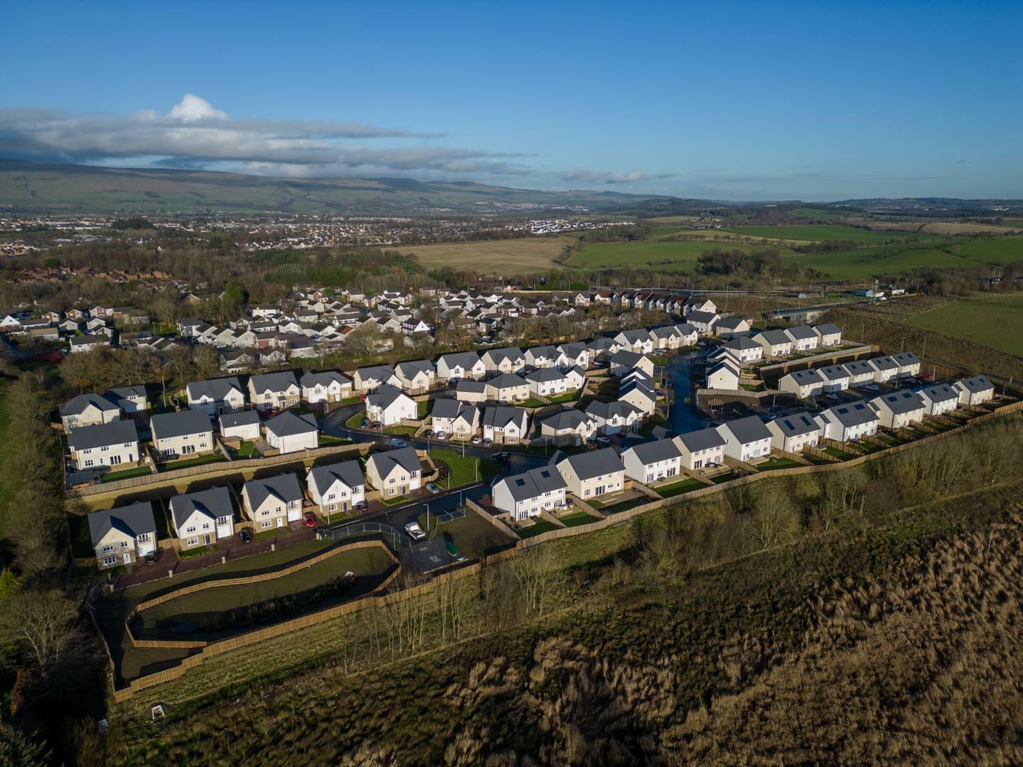 An aerial photograph of a housing development using Donaldson Timber Systems's products